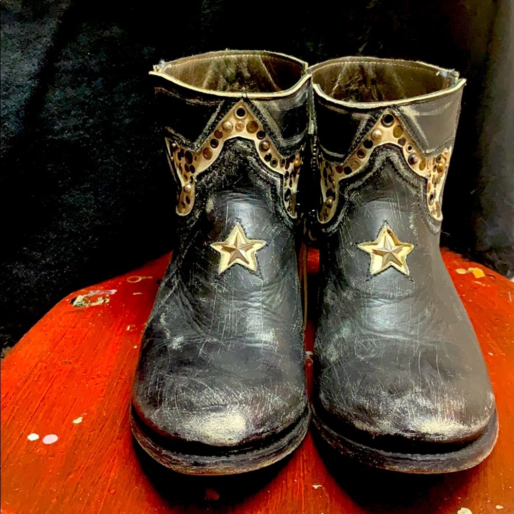 Distressed, rustic black leather booties